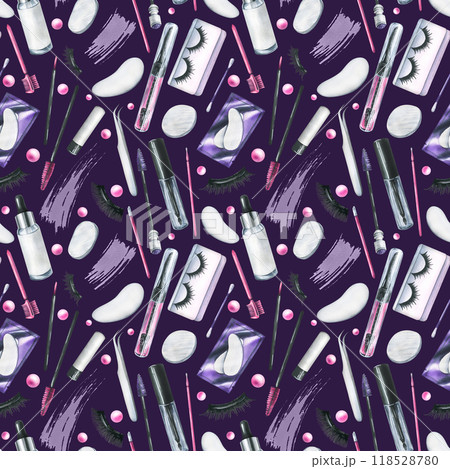 Decorative and personal care cosmetics in black and pink, jars, brushes, smears. Hand drawn watercolor illustration. Seamless pattern on a dark purple background for the beauty industry, design. Decorative and personal care cosmetics in black and pink, jars, brushes, smears. Hand drawn watercolor illustration. Seamless pattern on a dark purple background for the beauty industry, design. 118528780