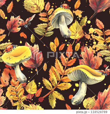 Autumn rowan leaves, maple, birch, russula mushrooms, tree branches and ladybugs. Watercolor illustrations. Seamless pattern on a dark background Autumn rowan leaves, maple, birch, russula mushrooms, tree branches and ladybugs. Watercolor illustrations. Seamless pattern on a dark background 118528789