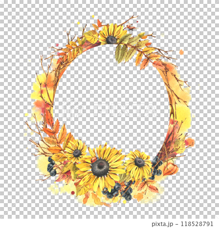 Autumn berries physalis, chokeberry, rowan leaves, maple, birch, rudbeckia flowers, tree branches and ladybugs. Watercolor illustrations. Round frame wreath isolated from background 118528791