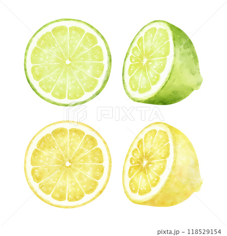 水彩で描いたレモンとライムのイラストセット 118529154