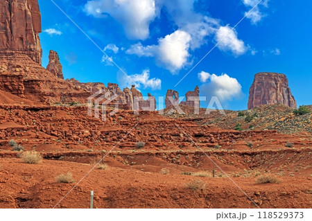 Panoramic picture of the glowing red geological sandstone formations in Monument Valley Panoramic picture of the glowing red geological sandstone formations in Monument Valley 118529373