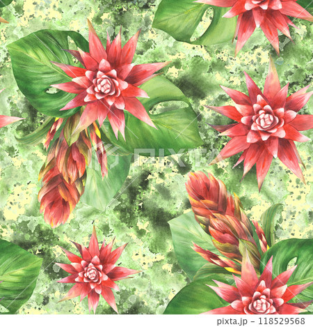Tropical plant seamless pattern on watercolor stain splashes background. Red bromeliad flower, buds, anthurium leaf, exotic leaves. Hand drawn illustration on isolated green background  118529568