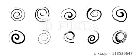 Spiral abstract circle, swirl brush stroke hypnosis psychedelic shape, geometric textured form. Concetric grunge irregular free hand doodle meander. 118529647