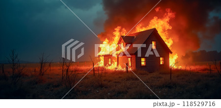 fire, rural home at twilight, uncontrolled fire devastating wooden house, thick smoke billowing into orange sky, disaster scene on open grassland with trees fire, rural home at twilight, uncontrolled fire devastating wooden house, thick smoke billowing into orange sky, disaster scene on open grassland with trees 118529716
