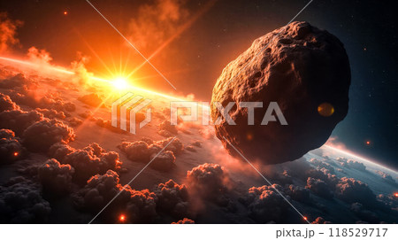 Asteroid near Earth at sunrise, sun illuminating clouds from space, cosmic rock orbiting planet, dramatic celestial event, sunlight breaking through atmosphere, outer space view 118529717