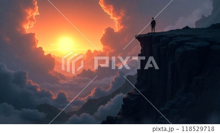 Person on Cliff Edge Overlooking Sunrise Mountain Landscape - Symbol of Success, Achievement in Nature, Dramatic Sky, Inspirational Viewpoint, Majestic Outdoor Scene Person on Cliff Edge Overlooking Sunrise Mountain Landscape - Symbol of Success, Achievement in Nature, Dramatic Sky, Inspirational Viewpoint, Majestic Outdoor Scene 118529718