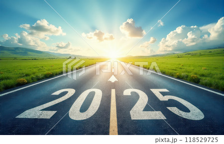 Bright future concept with road leading to 2025, sunrise, sunset, green hills, clear sky, new beginnings, progress, goals, rural setting, optimism, journey, destination Bright future concept with road leading to 2025, sunrise, sunset, green hills, clear sky, new beginnings, progress, goals, rural setting, optimism, journey, destination 118529725