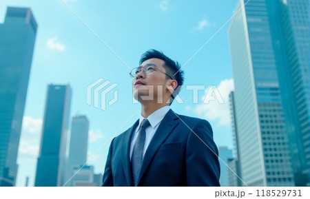 Young Chinese businessman in suit looking up at modern skyscrapers. Confident professional in city skyline, China economic growth, global business expansion, leadership Young Chinese businessman in suit looking up at modern skyscrapers. Confident professional in city skyline, China economic growth, global business expansion, leadership 118529731