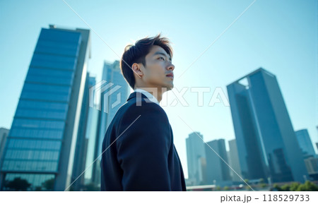 Professional young Korean entrepreneur standing before city skyline, embodying Asia economic rise, dressed in business formal wear, modern metropolis atmosphere, concept of international trade Professional young Korean entrepreneur standing before city skyline, embodying Asia economic rise, dressed in business formal wear, modern metropolis atmosphere, concept of international trade 118529733