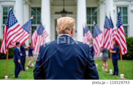 Future president of United States walking towards White House after election victory, back view, surrounded by American flags, symbolizing new leadership and transition of power Future president of United States walking towards White House after election victory, back view, surrounded by American flags, symbolizing new leadership and transition of power 118529743