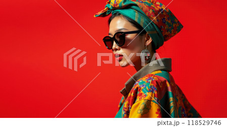 Asian woman in vibrant fashion attire presents new clothing line against red backdrop, showcasing colorful patterns and stylish accessories 118529746