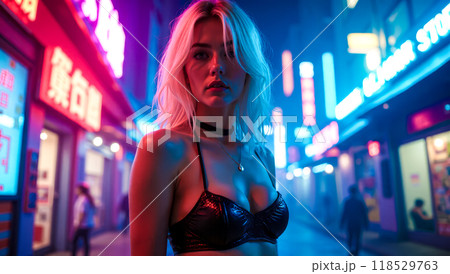 Cyberpunk style portrait of young woman, neon lights illuminating futuristic urban fashion, vibrant colors highlighting modern city nightlife scene, embodying digital age Cyberpunk style portrait of young woman, neon lights illuminating futuristic urban fashion, vibrant colors highlighting modern city nightlife scene, embodying digital age 118529763