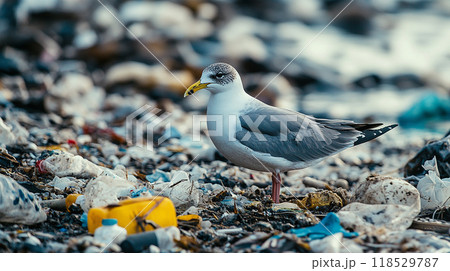 ゴミの散乱した海岸に立つカモメ 118529787