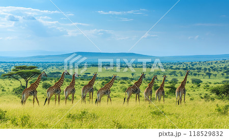 アフリカのサバンナを歩くキリンたち 118529832
