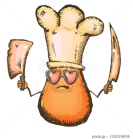 Vector cartoon chef potato character with chef hat holding cooking knives isolated on transparent background. Funky Cool hipster Chef character with sunglasses 118529856