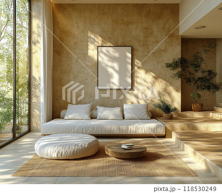 Minimalist living room featuring clean lines, neutral tones, and simple decor. 118530249