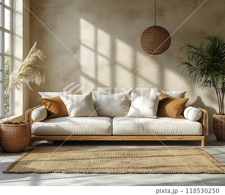 Minimalist living room featuring clean lines, neutral tones, and simple decor. 118530250