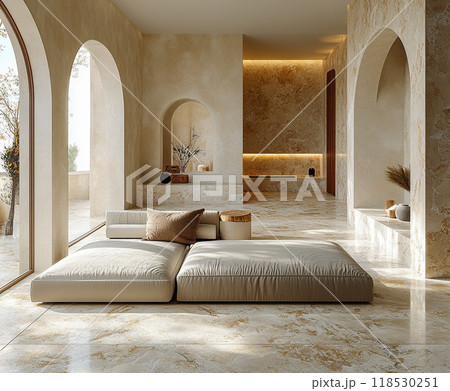 Minimalist living room featuring clean lines, neutral tones, and simple decor. Minimalist living room featuring clean lines, neutral tones, and simple decor. 118530251