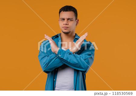 No, never, biracial man rejecting gesture stop crossing hands. Ban, timeout. No, never, biracial man rejecting gesture stop crossing hands. Ban, timeout. 118530569