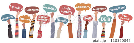 Isolated raised hands of people from diverse cultures holding speech bubbles with words expressing DEIB - diversity - equality - inclusion - belonging concept Isolated raised hands of people from diverse cultures holding speech bubbles with words expressing DEIB - diversity - equality - inclusion - belonging concept 118530842
