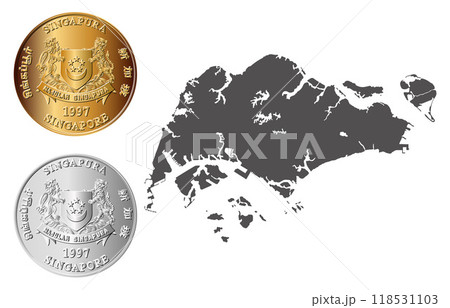 Vector Singapore money, obverse of golden and silver Singapore cent coin. Singapore money isolated on the background of a map of the Singapore. Vector illustration. 118531103