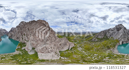 360 panorama of high mountain lake Kel Suu in sunny weather, bird's eye view, turquoise color of water in a narrow mountain gorge 360 panorama of high mountain lake Kel Suu in sunny weather, bird's eye view, turquoise color of water in a narrow mountain gorge 118531327