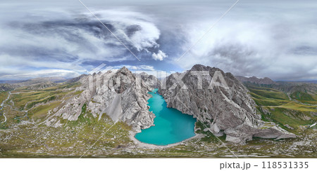 360 panorama of high mountain lake Kel Suu in sunny weather, bird's eye view, turquoise color of water in a narrow mountain gorge 118531335