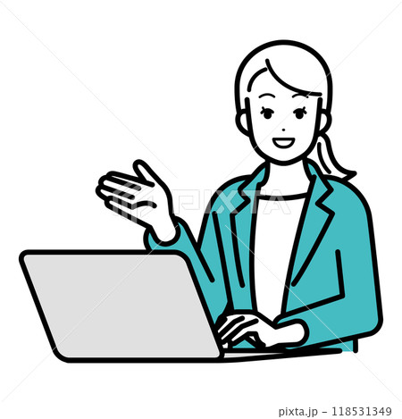 パソコンを使って説明をするビジネスパーソン女性のイラスト 118531349