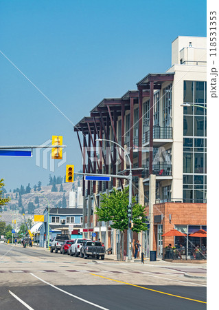 City street view with modern residential building on site 118531353