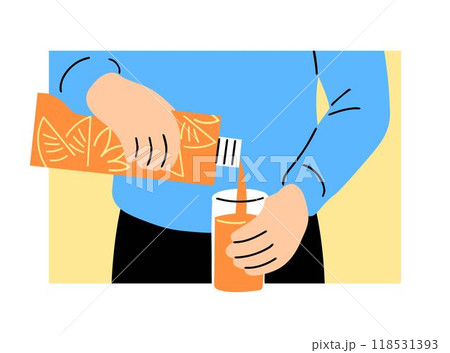 A human pours orange juice into a glass A human pours orange juice into a glass 118531393