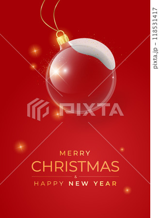 Christmas background. Xmas ornaments. Christmas tree decorations transparent ball hanging on golden ribbon, gold glitter confetti. Vector Christmas background. Xmas ornaments. Christmas tree decorations transparent ball hanging on golden ribbon, gold glitter confetti. Vector 118531417
