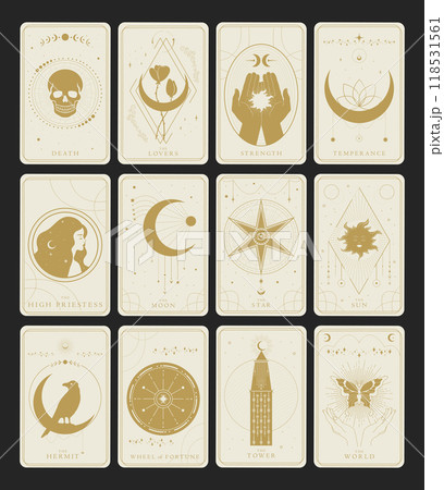 Golden Major Arcana symbols tarot cards design set. Tarot symbolism. Mystery, astrology, alchemy. Vector illustration Golden Major Arcana symbols tarot cards design set. Tarot symbolism. Mystery, astrology, alchemy. Vector illustration 118531561