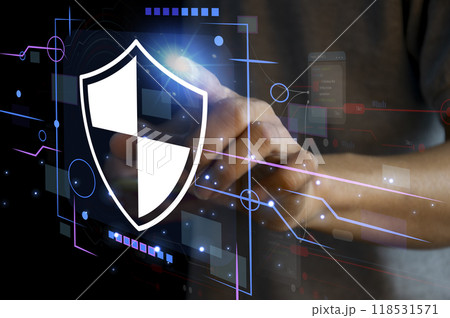 Keypad, cyber shield, lock, technology security system. Digital link. Cyber security with advanced technology. 118531571