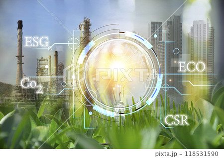 Ideas for reducing carbon dioxide emissions Turn to clean energy for a green world and green industry. Carbon Footprint, ECO, ESG, CRS 118531590
