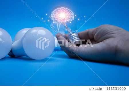 Concept, brain icon, glowing light bulb creativity and new ideas Concept, brain icon, glowing light bulb creativity and new ideas 118531900