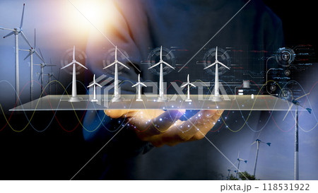 Technology for the environment Using environmentally friendly technology Engineer designs wind turbine models clean energy network 118531922