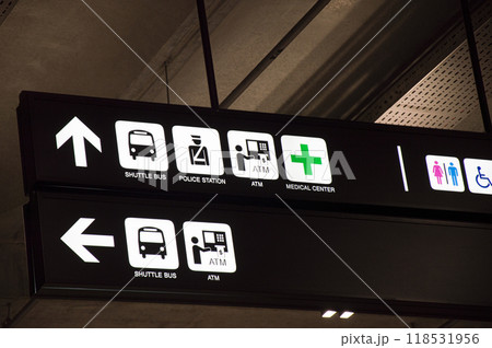 Navigation signs that can be seen along Public places such as airport, train station 118531956