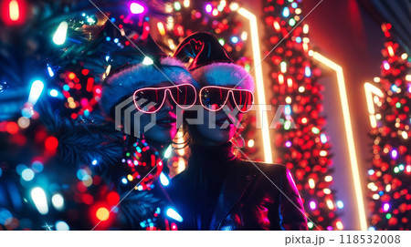 Stylish Women Celebrating a Vibrant Cyberpunk Christmas with Neon Lights and Santa Hats 118532008