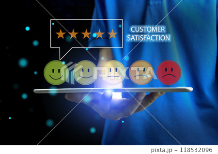 User give rating to service experience on online application, Customer review satisfaction feedback survey concept, Customer can evaluate quality of service leading to reputation ranking of business User give rating to service experience on online application, Customer review satisfaction feedback survey concept, Customer can evaluate quality of service leading to reputation ranking of business 118532096