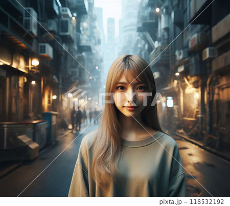 退廃的な近未来の都会の裏通りに佇む美少女 退廃的な近未来の都会の裏通りに佇む美少女 118532192