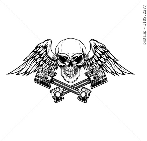 Winged skull with crossed pistons. Design element for emblem, sign, badge, logo. Vector illustration Winged skull with crossed pistons. Design element for emblem, sign, badge, logo. Vector illustration 118532277