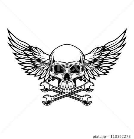 Winged skull with crossed wrenches. Design element for emblem, sign, badge, logo. Vector illustration Winged skull with crossed wrenches. Design element for emblem, sign, badge, logo. Vector illustration 118532278
