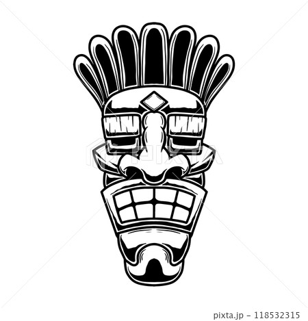 Illustration of tiki idol in monochrome style. Design element for poster, card, banner, emblem, sign. Vector illustration 118532315