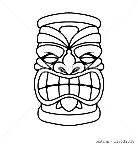 Illustration of tiki idol in monochrome style. Design element for poster, card, banner, emblem, sign. Vector illustration 118532319