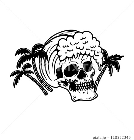 Illustration of skull with wave. Summer theme. Design element for poster, card, banner, emblem, sign. Vector illustration 118532349