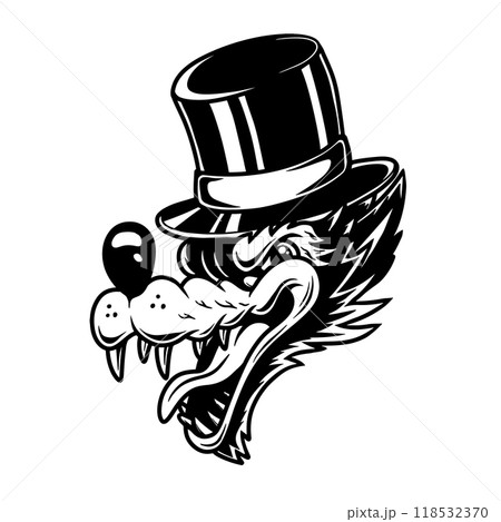 Illustration of wolf in vintage hat. Design element for logo, label, sign, poster, card. Vector illustration 118532370