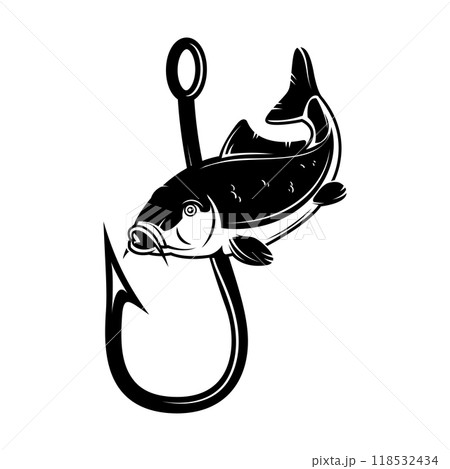 Carp and fishing hook. Design element for emblem, sign, badge, logo. Vector illustration Carp and fishing hook. Design element for emblem, sign, badge, logo. Vector illustration 118532434