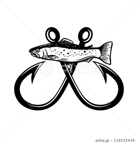 Salmon and fishing hooks. Design element for emblem, sign, badge, logo. Vector illustration Salmon and fishing hooks. Design element for emblem, sign, badge, logo. Vector illustration 118532439