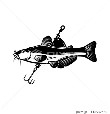 Catfish and fishing hook. Design element for emblem, sign, badge, logo. Vector illustration 118532440