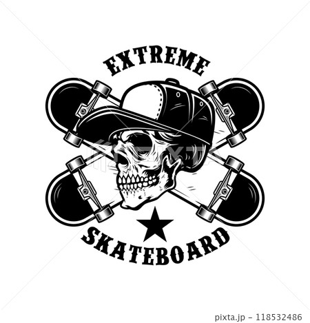 Skateboarder skull with crossed skateboards. Design element for logo, label sign, poster, t shirt. Vector illustration 118532486